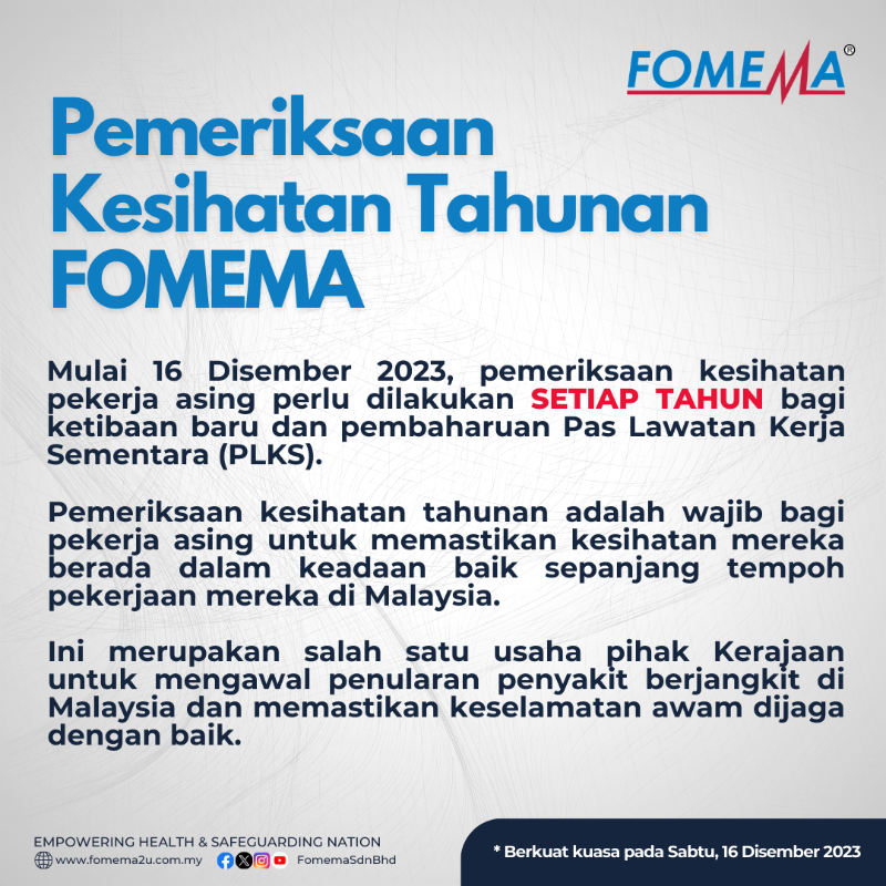 FOMEMASdnBhd's tweet photo. FOMEMA Yearly Medical Examination

Starting from 16th December 2023, foreign workers medical examination is required Yearly for new arrival and the renewal of Temporary Employment Visit Pass (PLKS).

#FOMEMA #KKM #JIM #foreignworker #medicalexamination #pekerjaasing #plks