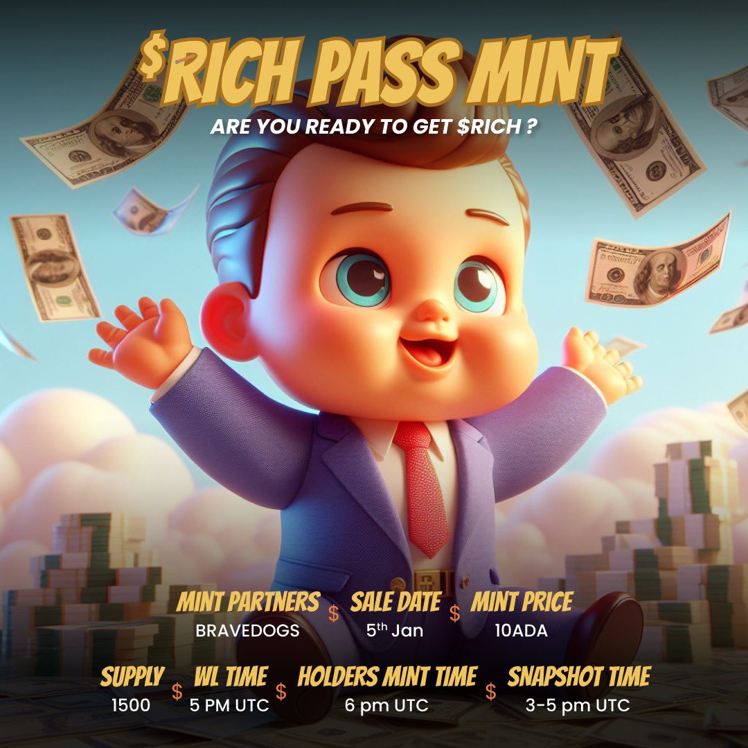 We are ready to get $RICH 💰
Are you?

RICH PASS MINT DETAILS ARE HERE! 👀

Giving 1 WL spot away for the mint!
To enter - 
1) Like+ RT
2) Tag 3 Friends 
3) Follow Us !

24H 💰
Rich pass is your gateway to get $RICH