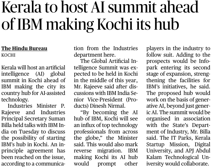 ra5esh's tweet image. 🩷രാജ്യത്തിന്‍റെ നിര്‍മ്മിത ബുദ്ധി(എഐ) ഹബ്ബാകാന്‍ കൊച്ചി ; ഐബിഎമ്മുമായി ധാരണയായി
#IBM #Kochi #KeralaIT #AIHUB #AI