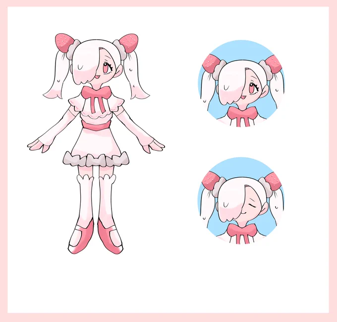 かわいいキャラだねぇ。イ～ッヒッヒ「先生に自分のオリキャラを描いていただきたいです! ケーキの女の子でツインテールを銀紙とイチゴモチーフのシュシュで纏めていて、飄々とした性格でいつも笑みを浮かべています。」  #Skeb #Commission より