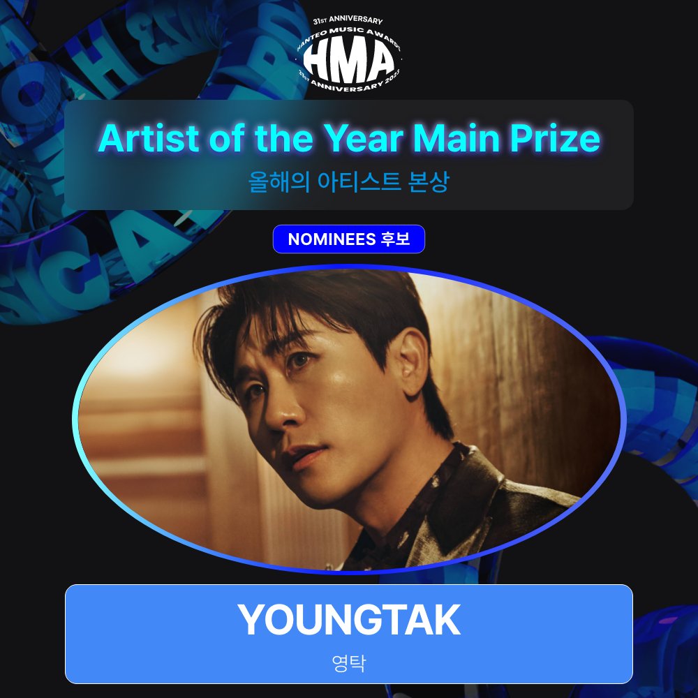 Hanteo_HMAs's tweet photo. #31주년한터뮤직어워즈2023 후보자 공개 Nominations are open!

🏆올해의 아티스트 본상 Artist of the Year Main Prize

#YOUNGTAK #영탁
@Takstudio_OFFL

투표 기간 (Voting period) : 2024. 1. 4 - 1. 17 (KST)
투표 Vote 🗳 https://t.co/C2sEFrCHz9 

#한터뮤직어워즈 #31st_HMAs_2023 https://t.co/8yX9So2akg