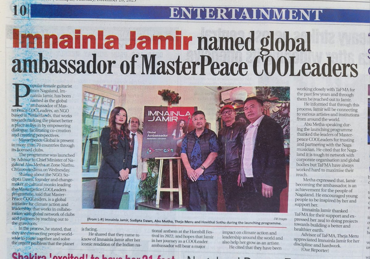 Few clippings of print media coverage of launch of Imnainla Jamir as the global ambassador of Masterpeace COOLeaders.

#cooleaders #ClimateAction