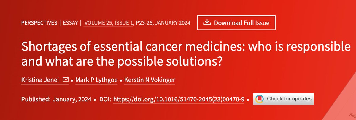 🚨New essay out today in <a href="/TheLancetOncol/">The Lancet Oncology</a> w/  <a href="/DrMarkLythgoe/">Dr Mark Lythgoe</a> <a href="/KNVokinger/">Kerstin Noëlle Vokinger</a> 

We outline the cancer medicine shortage in the US, reasons 🇺🇸 was so much worse than Europe, and ponder solutions that might help in the long run.

A thread/1

thelancet.com/journals/lanon…
