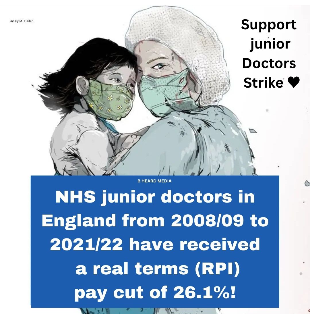 #DoctorsStrike ⤵️

NHS junior doctors in England from 2008/09 to 2021/22 have received a real terms (RPI) pay cut of 26.1%!

#ToryAusterity 
#NHSCrisis 
#PPEScandal 
#VIPLane
#Palantir
#PeterThiel
#EnoughIsEnough 
#SaveOurNHS
#GeneralElectionNow 
#PayRestoration
#FairPayForNHS