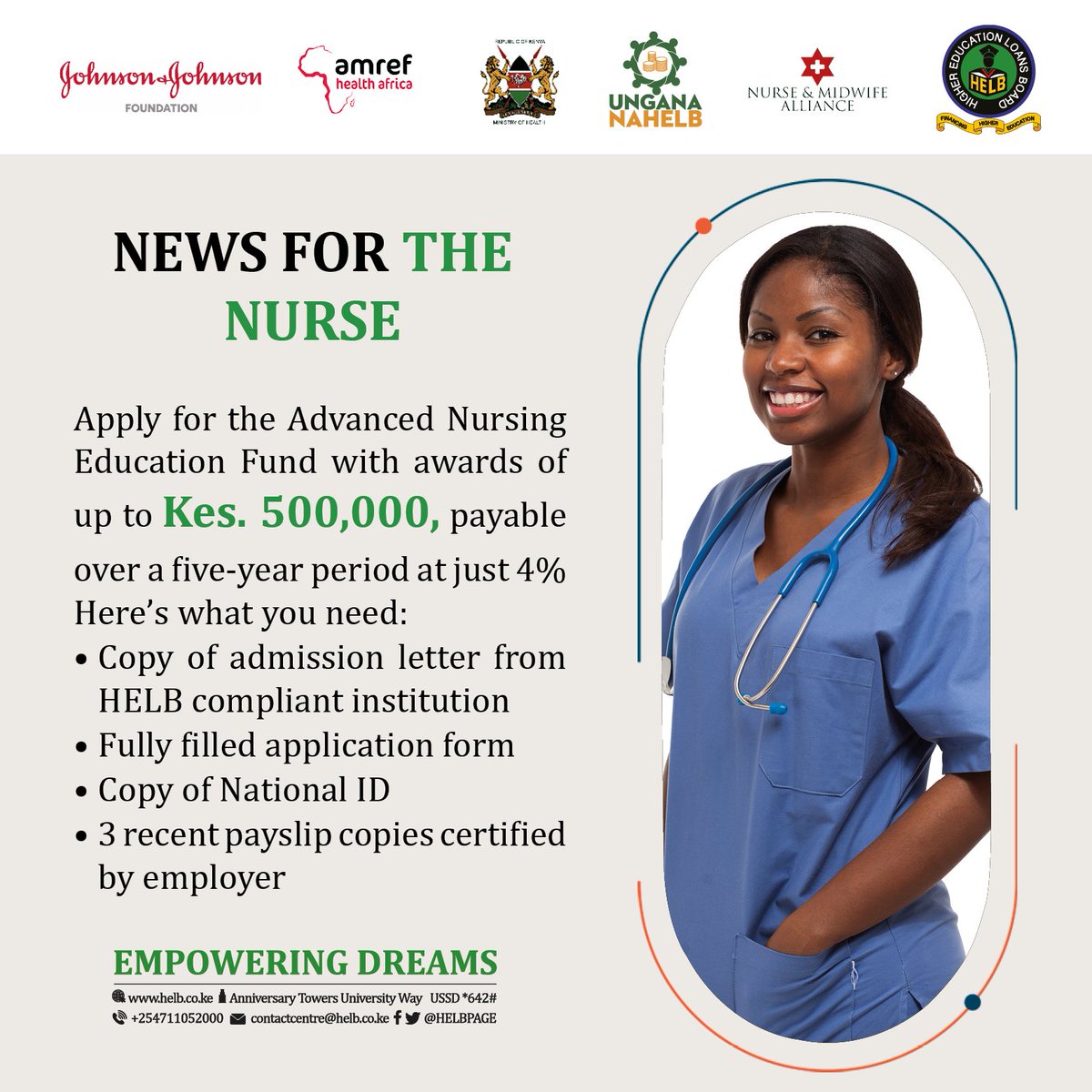 Exciting news! Application is now open for the Advanced Nursing Education Fund: flexible, affordable study loans for Nurses pursuing advanced & specialized courses in approved training institutions in Kenya.