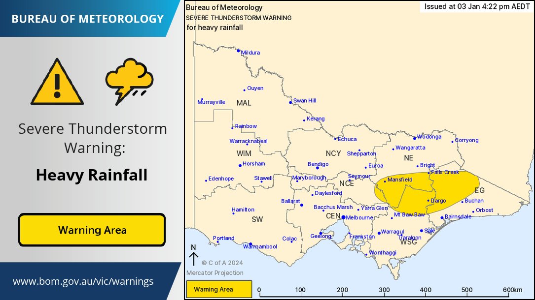⚠️ SEVERE THUNDERSTORM WARNING updated. Severe storms are likely to produce HEAVY RAINFALL that may lead to flash flooding across parts of the eastern ranges in coming hours. Details: ow.ly/ypAv50QnhMU