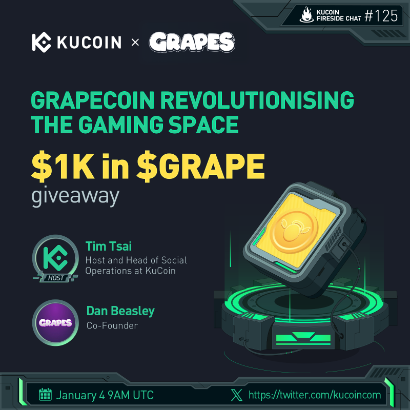 kucoincom's tweet photo. 🔥 Catch our #KuCoinFiresideChat with @JoinGrapes, where we explore their innovations in gaming!

🎁 $1,000 in $GRAPE (10 winners)
 
1️⃣ Follow @kucoincom &amp; @JoinGrapes
2️⃣ RT, like, tag 2 friends
3️⃣ Fill in the form: https://t.co/CY7U46CQLI
4️⃣ Join the space
 
✅Set reminder
