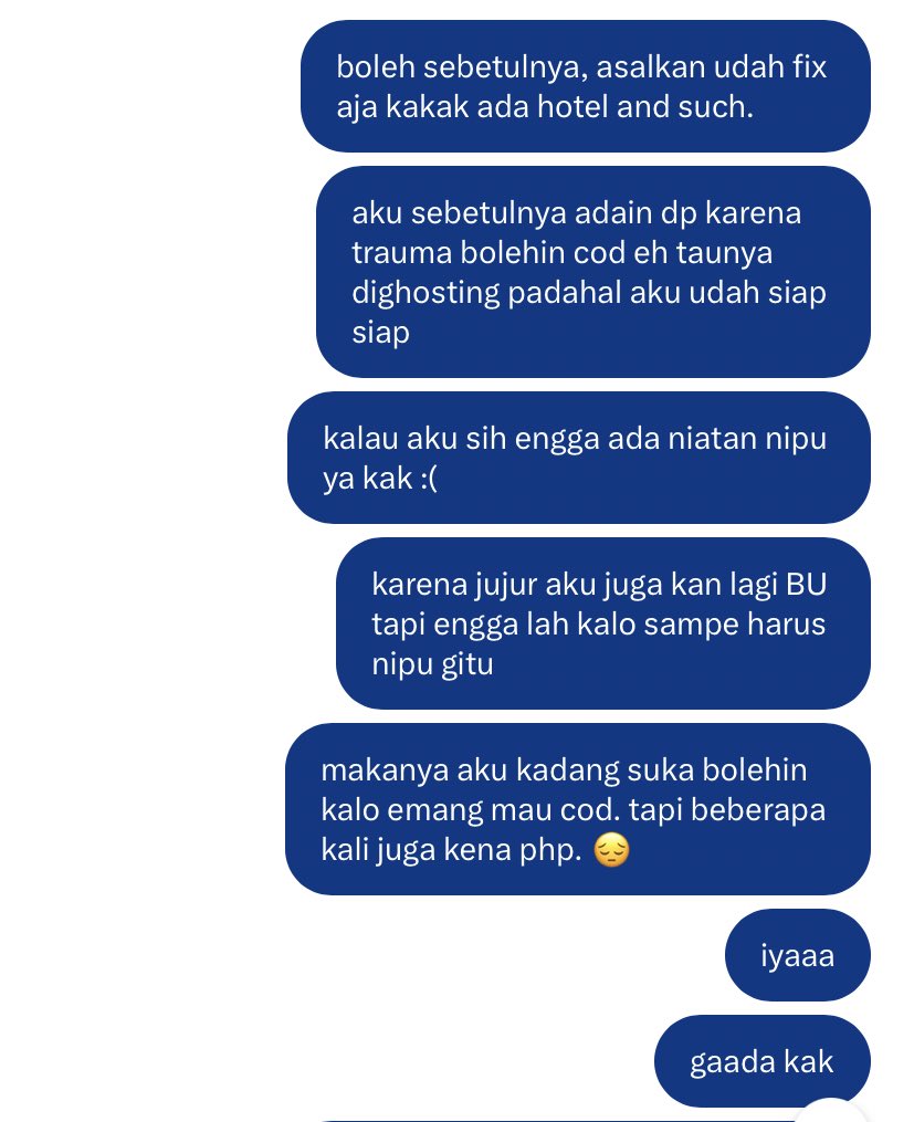 delicatecores's tweet photo. sebenernya ini sih yang bikin aku nerapin sistem dp first karena aku juga trauma sama yang modelan kayak gini. udah fix jadwal segala macem taunya tiba tiba ilang. please ya aku ngebolehin cod karena aku juga beneran lagi BU jadi jangan seenaknya gitu aja dong :( https://t.co/pTrauhLOAm