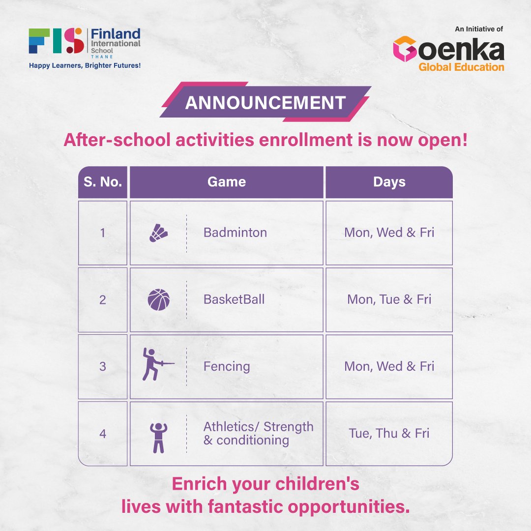 thane_fis's tweet photo. Ignite passions! 

Enroll now in our vibrant after-school program. Secure your child's spot in their favorite activity. 

Thrive in an environment fostering growth and exploration. Queries? Contact: 022-43407100/022-43407101. 

#FinlandInternationalSchool #AfterSchoolActivity https://t.co/bJ7qYlqx0t