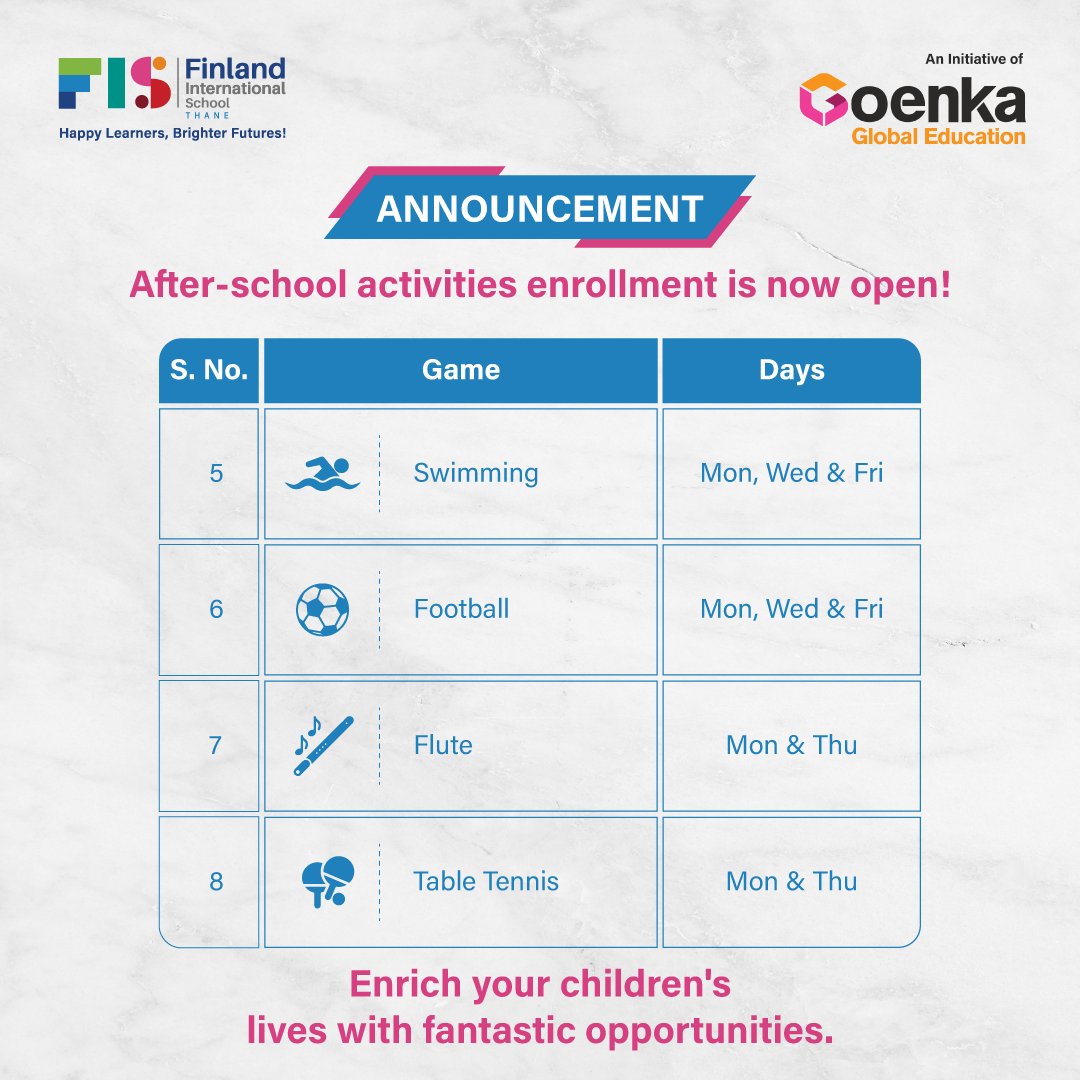 thane_fis's tweet photo. Ignite passions! 

Enroll now in our vibrant after-school program. Secure your child's spot in their favorite activity. 

Thrive in an environment fostering growth and exploration. Queries? Contact: 022-43407100/022-43407101. 

#FinlandInternationalSchool #AfterSchoolActivity https://t.co/bJ7qYlqx0t