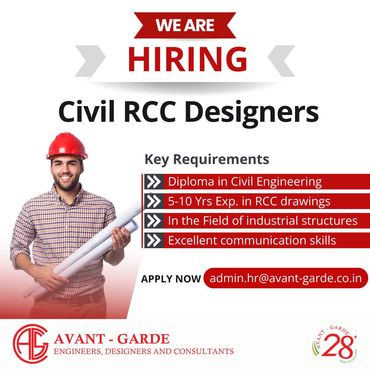 Hiring Civil RCC Engineers 
Diploma in Civil Engineering.
5 - 10 years Exp 
Apply via admin.hr@avant-garde.co.in Please include 'Civil RCC Designer Application' in the subject line 
#rccengineer #civilengineerjobs #civiljobs #chennaijobs #avantgarde #engineeringjobs #nowhiring