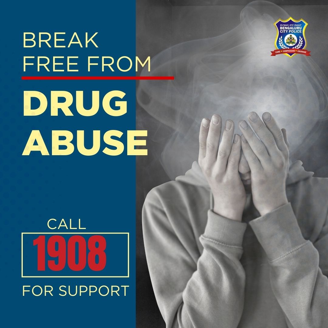 Don't let drugs shackle your potential. Break free and soar high! Report any signs of drug abuse to 1908. Let's work together to build a safer and healthier community.

#SayNoToDrugs #WeServeWeProtect 

ಡ್ರಗ್ಸ್‌  ವ್ಯಸನವನ್ನು ತ್ಯಜಿಸಿ, ಅದು ನಿಮ್ಮನ್ನು ಬಲಹೀನರನ್ನಾಗಿ ಮಾಡುತ್ತದೆ! ಮಾದಕ