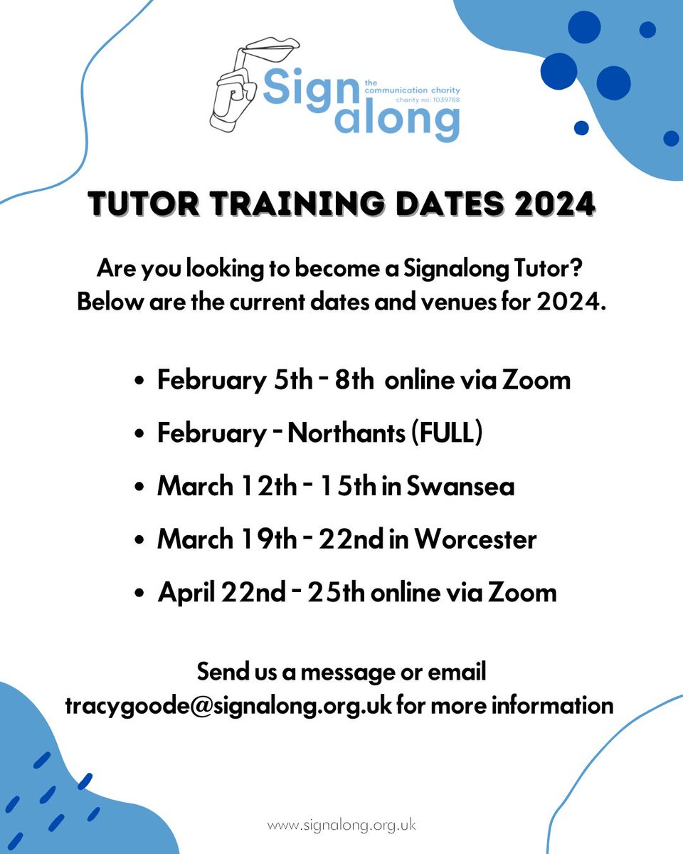 Signalong's tweet image. Here are our upcoming Tutor training dates, designed to equip you with the skills and knowledge needed to make a real difference in the lives of others. ✨

Get in touch with us today to find out more details including requirements needed. 

#TutorTraining #NewYearNewSkills