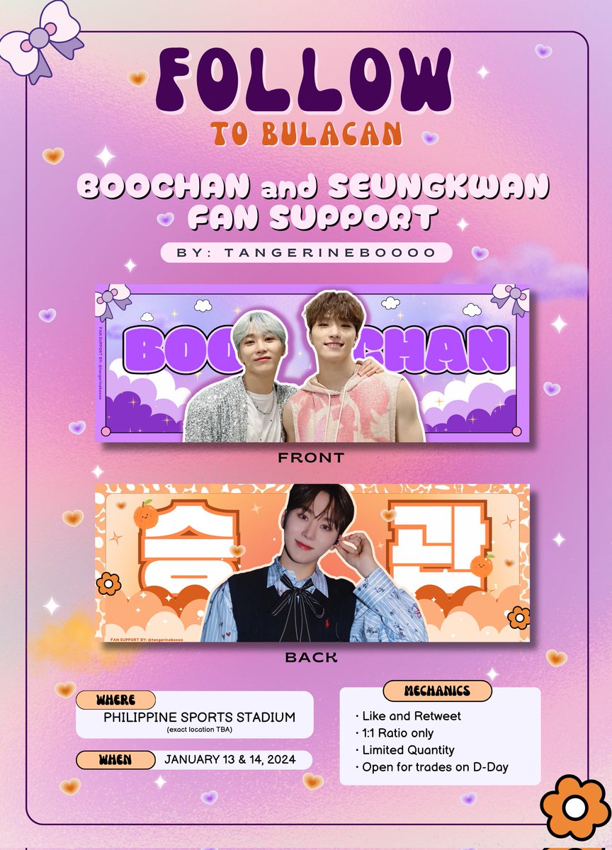 boosk_feat_dino's tweet photo. ｡⁠*ꕤ FOLLOW TOUR to BULACAN ｡⁠*ꕤ

 BOOCHAN and SEUNGKWAN fansupport by @tangerineboooo ✧⁠*⁠。

 i'll be giving away this hand banner freebies on follow to bulacan!

• like &amp; rt
• limited qty (1:1)

see you, carats! 
#SVT_TOUR_FOLLOW
#FOLLOW_TO_BULACAN https://t.co/BbWntRDUqY
