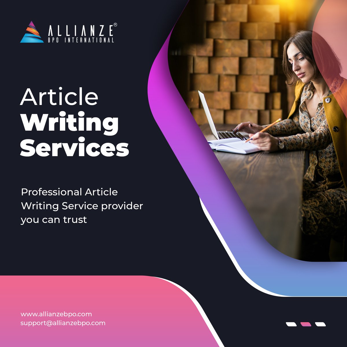 AllianzeBPO1's tweet image. 🖋️ Discover the Power of Words with our Article Writing Services! 📚🚀

Looking for captivating and engaging #articles that boost your #onlinepresence?

At @AllianzeBPO1 , we offer top-notch #ArticleWritingServices that deliver exceptional results.