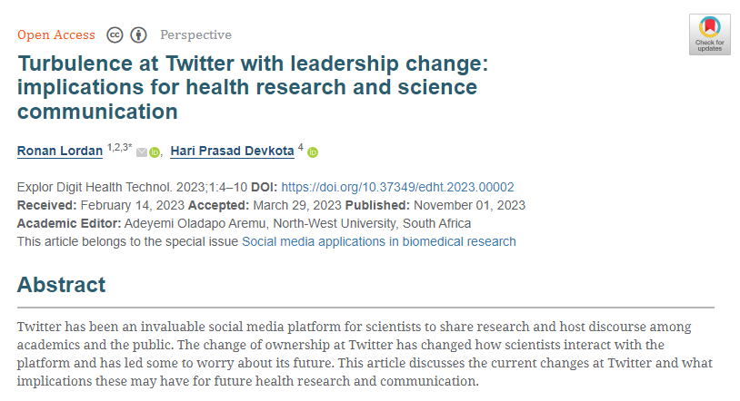 🌟Welcome to read and share the newly published article of EDHT!
Title: Turbulence at Twitter with leadership change: implications for health research and science communication

Authors: Ronan Lordan, Hari Prasad Devkota

🔗 explorationpub.com/Journals/edht/…