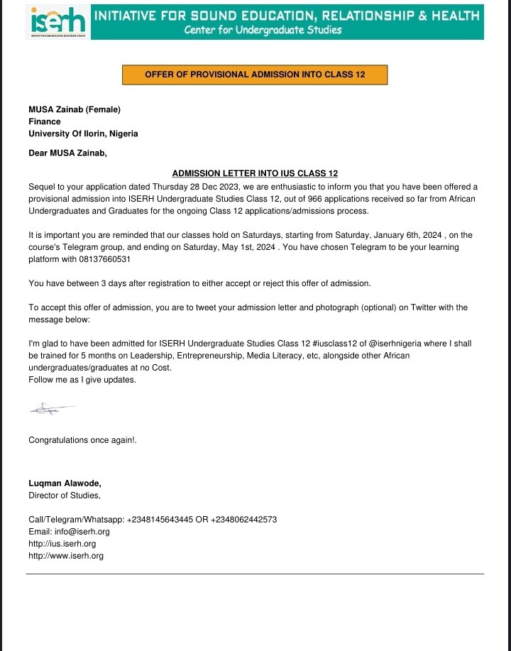 Zaeynarbbb's tweet photo. I'm glad to have been admitted for ISERH Undergraduate Studies Class 12 #iusclass12 of @iserhnigeria where I shall be trained for 5 months on Leadership, Entrepreneurship, Media Literacy, etc, alongside other African undergraduates/graduates at no Cost. Follow me as I give update https://t.co/ilSBSBI70G