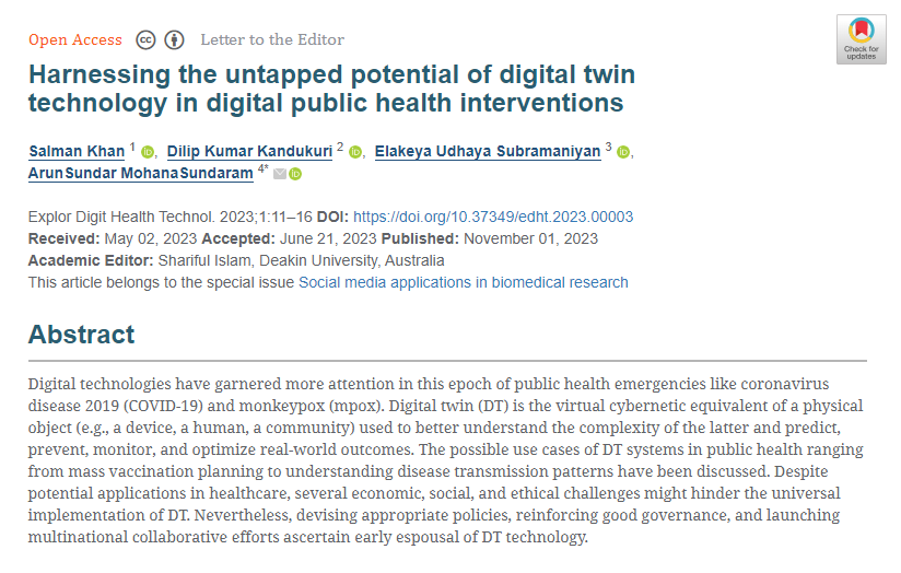 🌟 Welcome to read and share the newly published article of EDHT!
Title: Harnessing the untapped potential of digital twin technology in digital public health interventions
Authors: Salman Khan, Dilip Kumar Kandukuri, Elakeya Udhaya Subramaniyan,etc.

🔗 explorationpub.com/Journals/edht/…