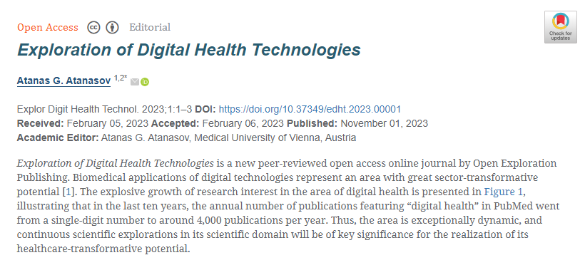 🌟 Welcome to read and share the newly published article of EDHT!

1. Title: Exploration of Digital Health Technologies
Author: Atanas Atanasov

🔗 explorationpub.com/Journals/edht/…