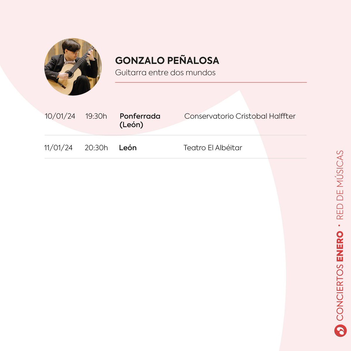 jmspain_'s tweet photo. 1/2 

Disponible la programación de #Enero de #RedDeMúsicas! ✨

Conciertos de Gonzalo Peñalosa, Soraya Méncid, Miguel Bonal, Carlos Marín y Laura Ballestrino 🎶

👨🏻‍💻👩🏼‍💻También podéis consultar la programación en nuestra web!

#juventudesmusicales #jmspain #conciertos #music https://t.co/L8EZsaVpRB