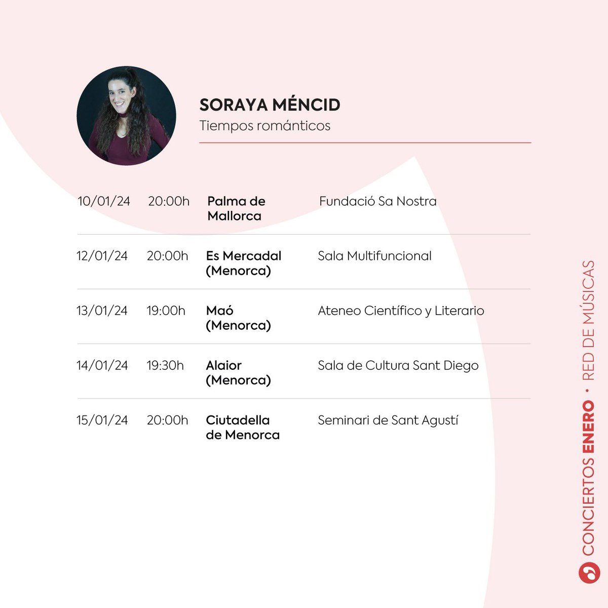 jmspain_'s tweet photo. 1/2 

Disponible la programación de #Enero de #RedDeMúsicas! ✨

Conciertos de Gonzalo Peñalosa, Soraya Méncid, Miguel Bonal, Carlos Marín y Laura Ballestrino 🎶

👨🏻‍💻👩🏼‍💻También podéis consultar la programación en nuestra web!

#juventudesmusicales #jmspain #conciertos #music https://t.co/L8EZsaVpRB