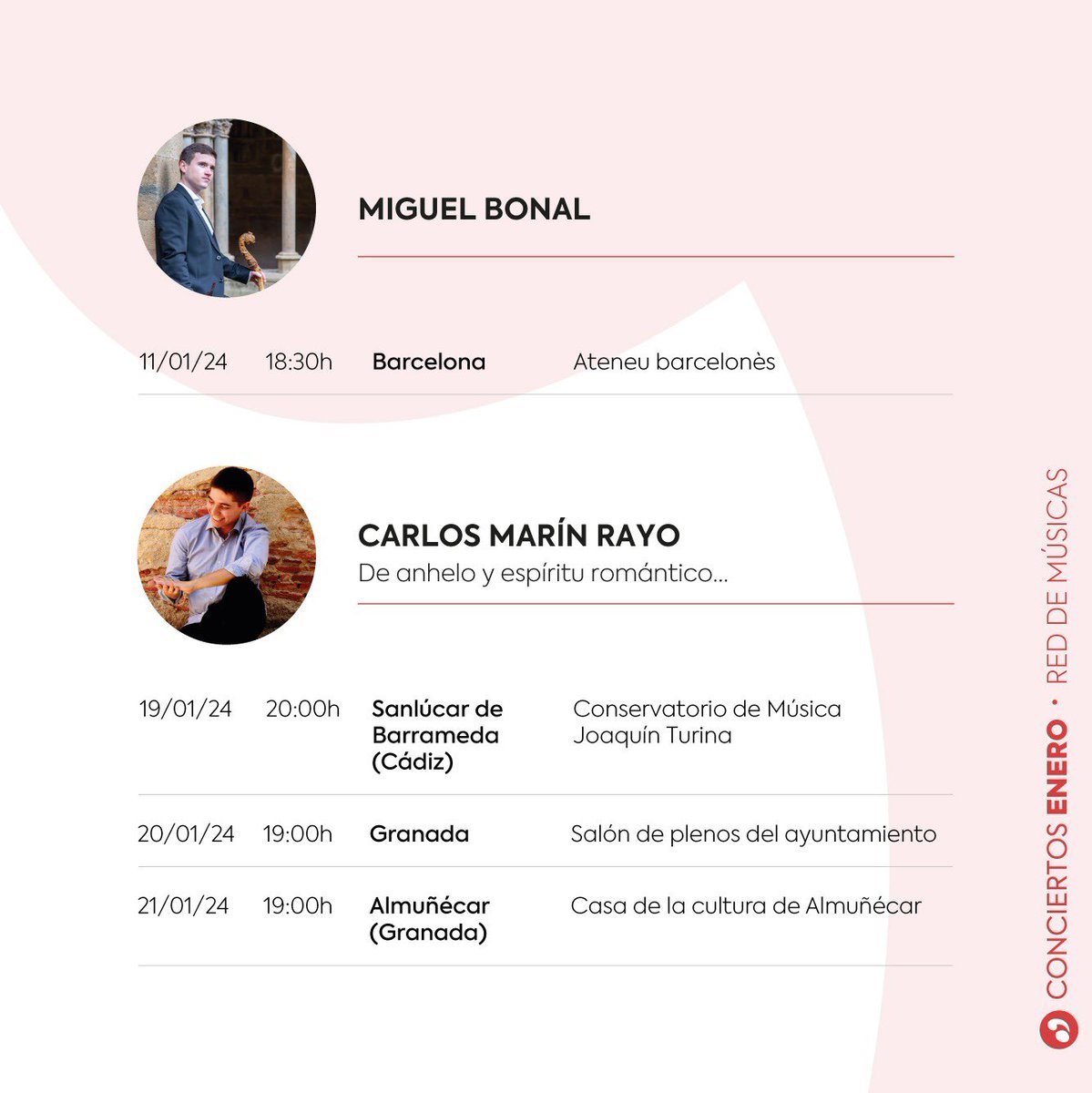 jmspain_'s tweet photo. 2/2

Disponible la programación de #Enero de #RedDeMúsicas! ✨

Conciertos de Gonzalo Peñalosa, Soraya Méncid, Miguel Bonal, Carlos Marín y Laura Ballestrino 🎶

👨🏻‍💻👩🏼‍💻También podéis consultar la programación en nuestra web!

#juventudesmusicales #jmspain #conciertos #music https://t.co/2XFZ2Dobrl