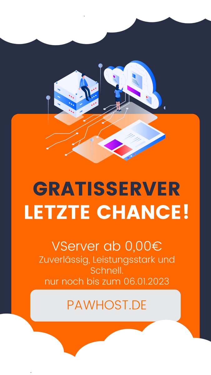 Gönn dir noch etwas!
Die Letzte Chance auf einen KVM-Server mit 2x AMD Epyc Kernen und 4GB DDR4 RAM sowie 50GB SSD Speicher! 

Einen Monat Gratis genießen. 
Noch bis zum 06.01.2023 auf.:
pawhost.de/kvm