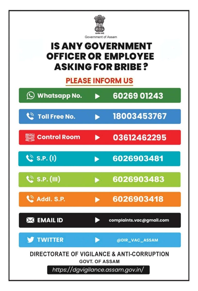 CMOfficeAssam's tweet photo. Corruption-free Assam is the top priority of HCM Dr @himantabiswa. 

Working towards the mission, the govt has launched helpline numbers where citizens can lodge complaints against any officers and employees who ask for bribes. 

@DIR_VAC_ASSAM https://t.co/g7uOTijWDJ