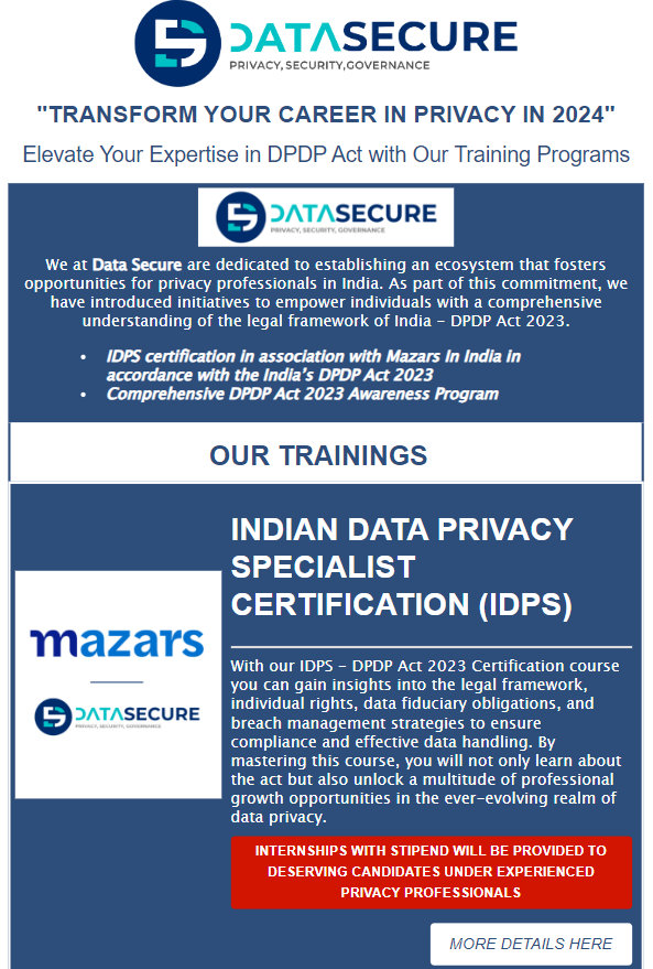 DataLlp's tweet photo. TRANSFORM YOUR CAREER IN PRIVACY IN 2024 WITH DATA SECURE!

#datasecure #dpoindia #DPDPA #IDPS #MazarsinIndia #awareness #privacy https://t.co/xybHimr9un