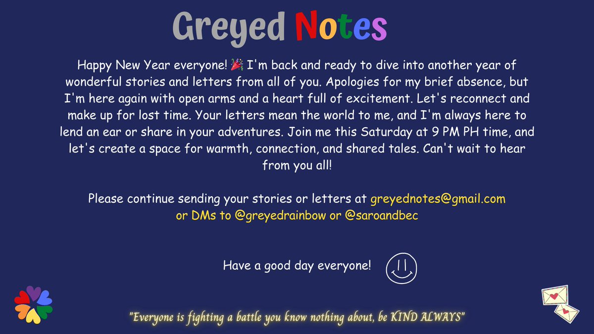 greyedrainbow's tweet image. Happy New Year everyone! 🎉I&apos;m back and ready for more amazing stories! Apologies for the break, but I&apos;m excited to reconnect with all of you. Join me this Saturday at 9 PM PH time, and let&apos;s dive into the adventures together! 🌟 #greyednotes #beckysangels #srchafreen #freenbecky