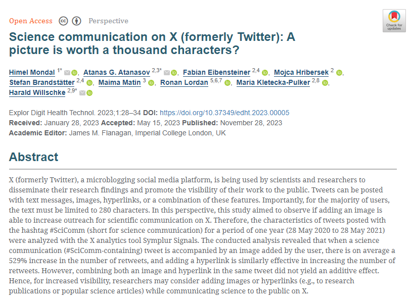 🌟Newly published article of EDHT!

Title: Science communication on X (formerly Twitter): A picture is worth a thousand characters?

Authors: Himel Mondal, Atanas G. Atanasov, Fabian Eibensteiner, etc.

🔗 explorationpub.com/Journals/edht/…