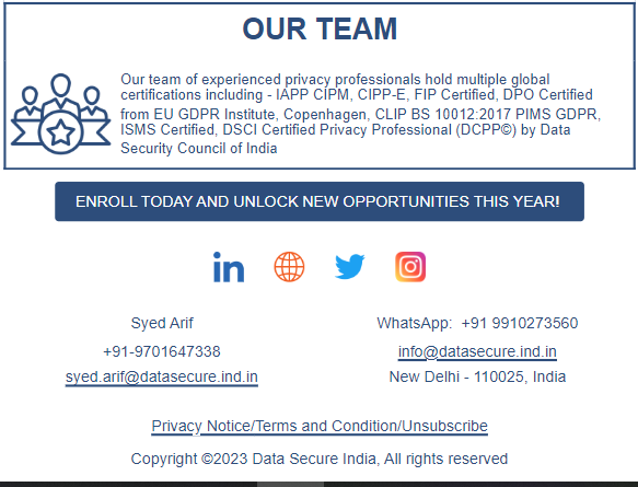 DataLlp's tweet photo. TRANSFORM YOUR CAREER IN PRIVACY IN 2024 WITH DATA SECURE!

#datasecure #dpoindia #DPDPA #IDPS #MazarsinIndia #awareness #privacy https://t.co/xybHimr9un