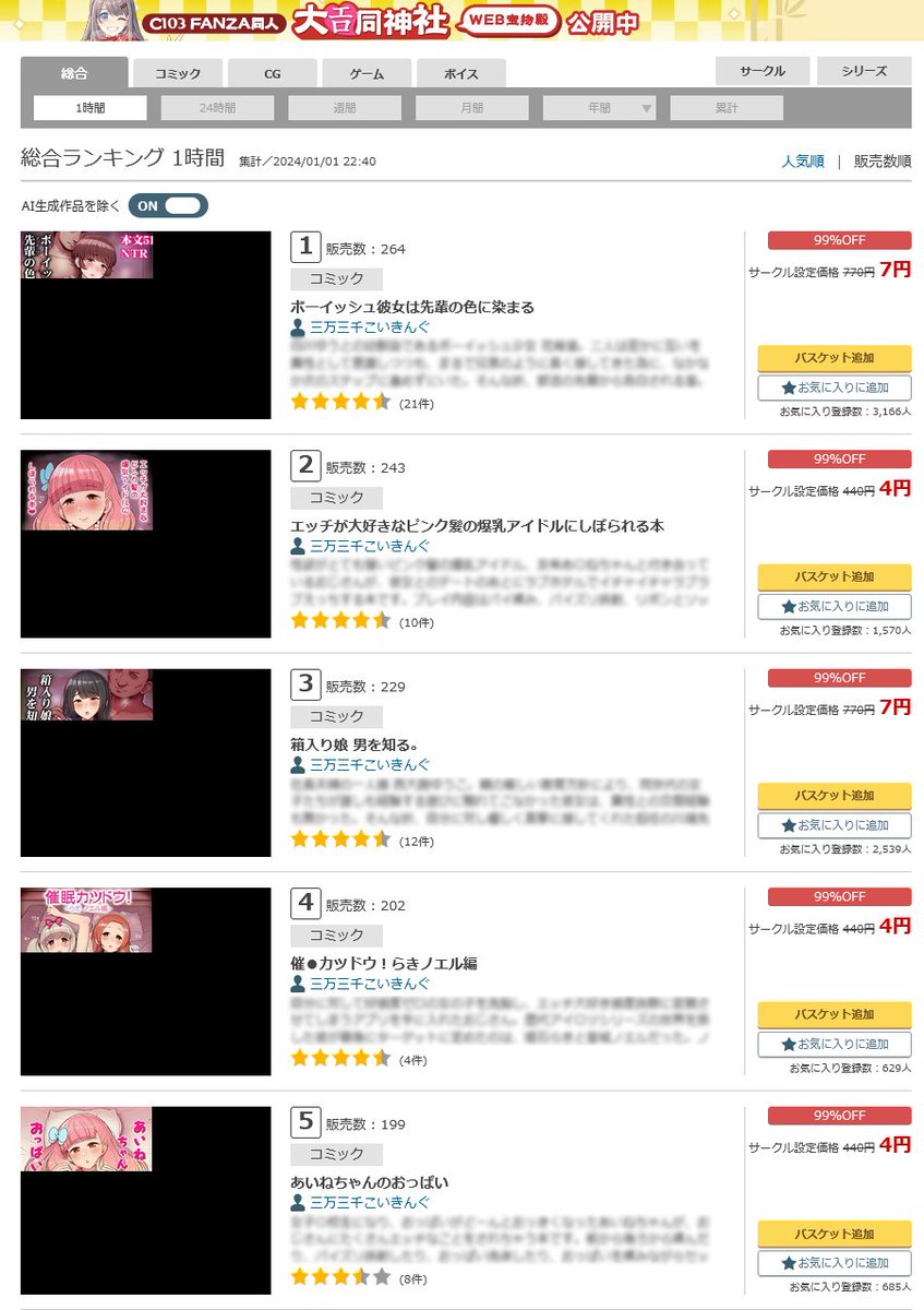 FANZAの「1決済100作品購入で50％off」が、今日の23:59まで 割引上限が