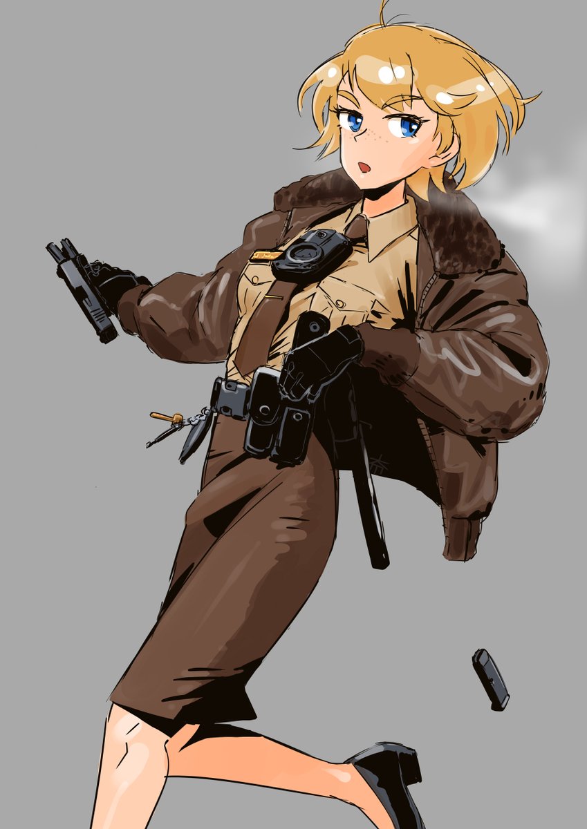 1girl weapon gun skirt solo jacket blue eyes  illustration images