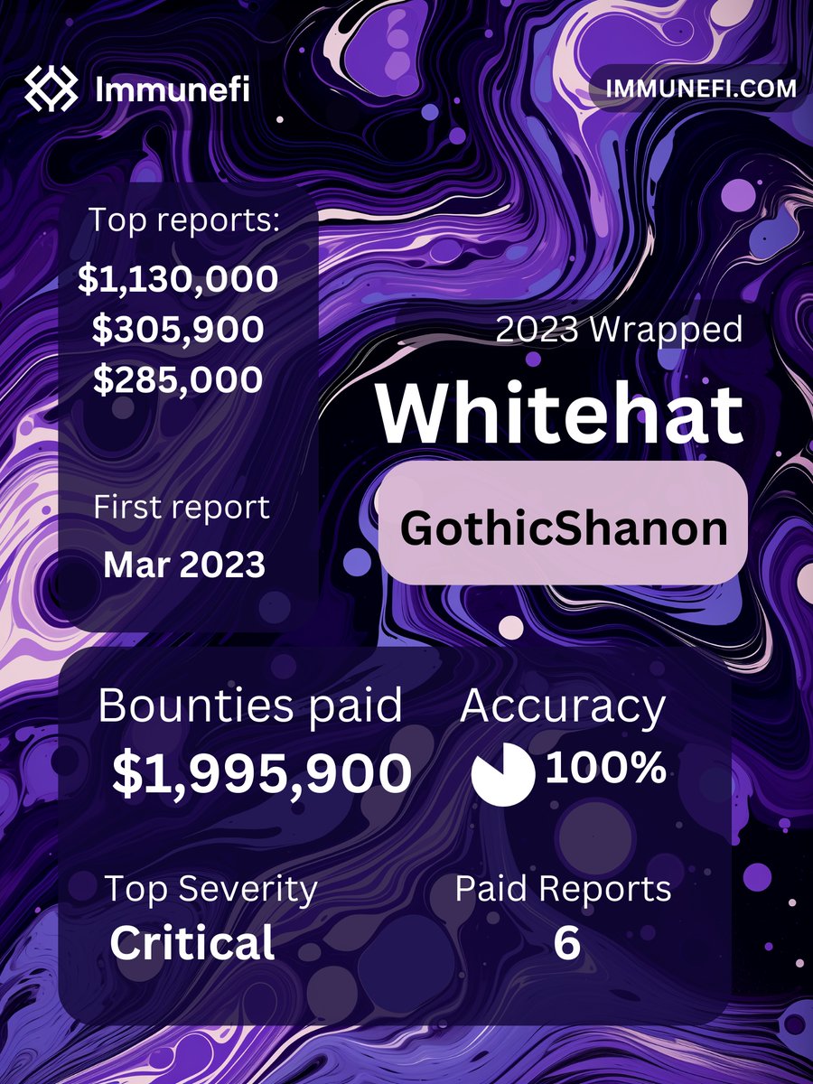 All my reports were paid in 2023.
It's 99% luck to get a big win. These smaller payouts keep us in the game.
Big shout out to <a href="/immunefi/">Immunefi</a> and every project on the platform that keeps the community healthy
#ImmunefiWrapped