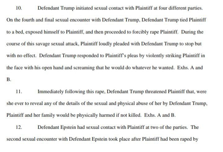 RyanShead's tweet photo. Did you know Trump and Epstein were accused of forcibly raping a 13-year-old girl during underage sex parties at Epstein's Manhattan residence.

She dropped the lawsuit after repeated threats against her and her family.

#EpsteinClientList #TrumpIsARapist https://t.co/WxUf5naeB5