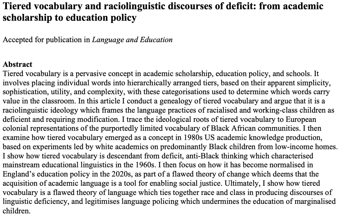 tiered vocabulary is a pervasive concept in schools. but where did it come from? in forthcoming work in Language & Education i trace its roots and expose how it emerged from experiments in the 1980s which framed Black, working-class children as linguistically inferior.