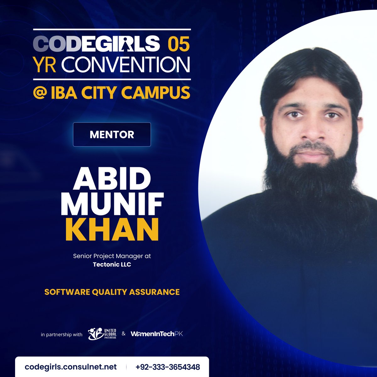 We extend our heartfelt appreciation to the esteemed event mentor Abid Munif from Tectonic Pakistan who will guide mentees seeking career advice in the SQA track.
#codegirlsturns5 #bridgingthegap #empowerher #empoweringwomen
<a href="/shamimrajani/">Shamim Rajani</a> <a href="/Hasnainwalji/">Hasnain  Walji</a> <a href="/FaizaYousuf/">Faiza Yousuf</a>