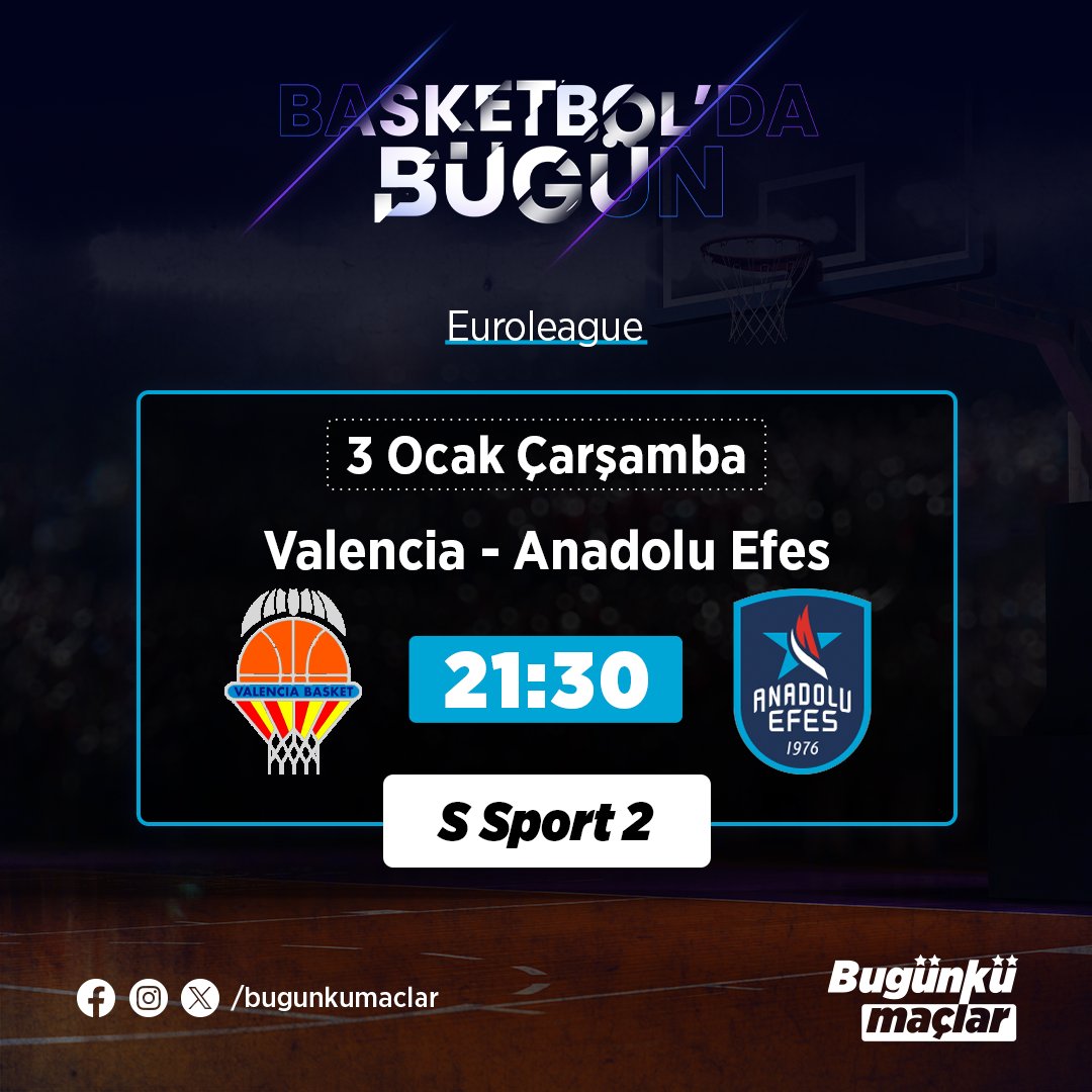 🗣️💭 Basketbol'da Bugün

▪️Euroleague

Valencia 🆚 Anadolu Efes  
🗓 3 Ocak Çarşamba
🕢 21.30
📺 S Sport 2
#basketbol #valencia #anadoluefes #bugunkumaclar #basketball #basketboldabugun #euroleague #ssport