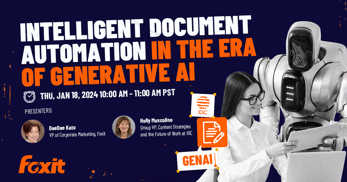 foxitsoftware's tweet image. Join IDC and Foxit on Jan 18 for the webinar &quot;Intelligent Document Automation in the Era of Generative AI&quot; to learn about the latest trends in document workflow automation. foxit.com/webinar/2023/i…
#IDC #esignature #SignPDF #AI #Automation