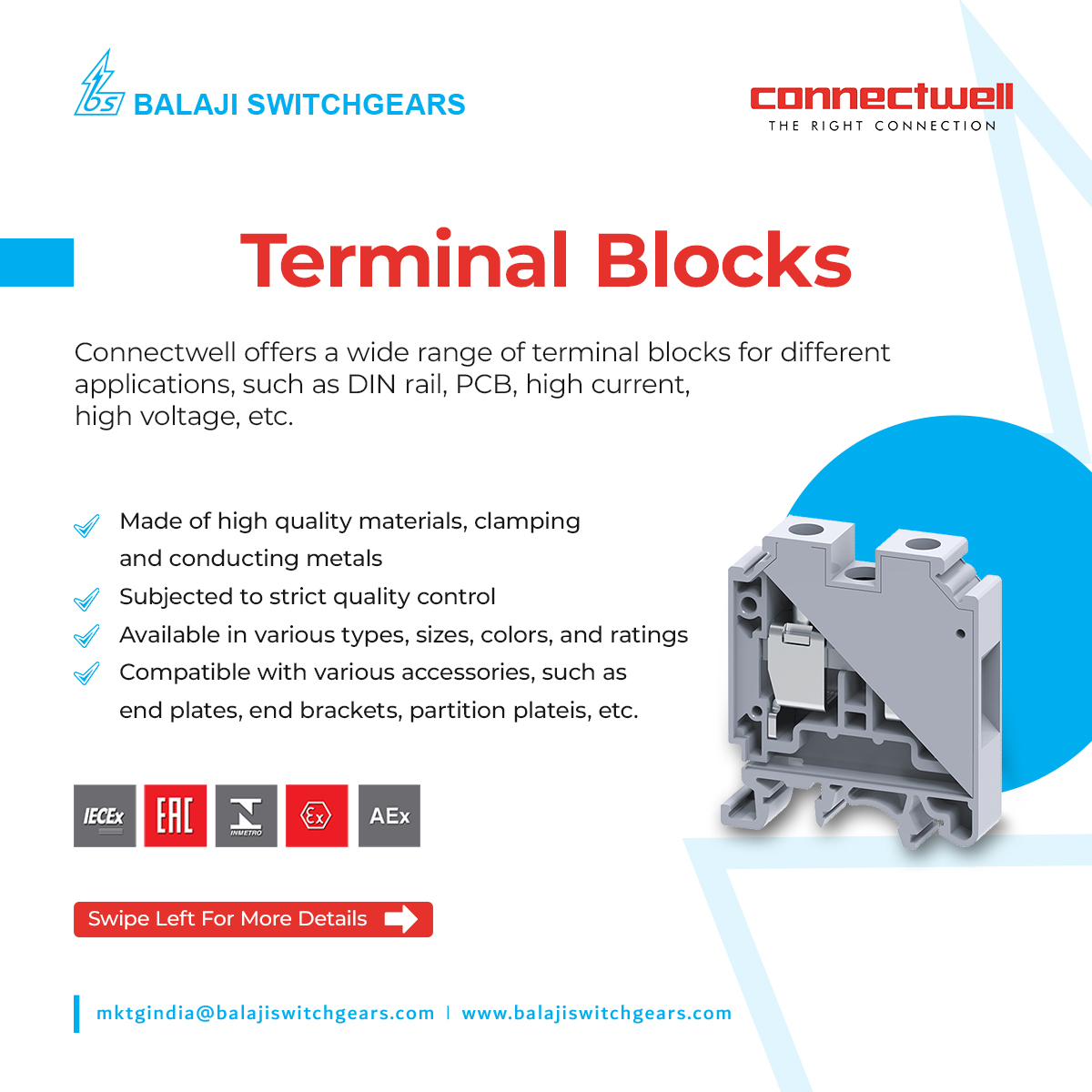 Unlock the Power of Connectivity with Balaji Switchgears!! 

Elevate your industrial solutions with ConnectWell and ControlWell offerings – Terminal Blocks, Relay Cards, Industrial Connectors, Cable Glands, and Flexible Conduit Pipes. 

1/2