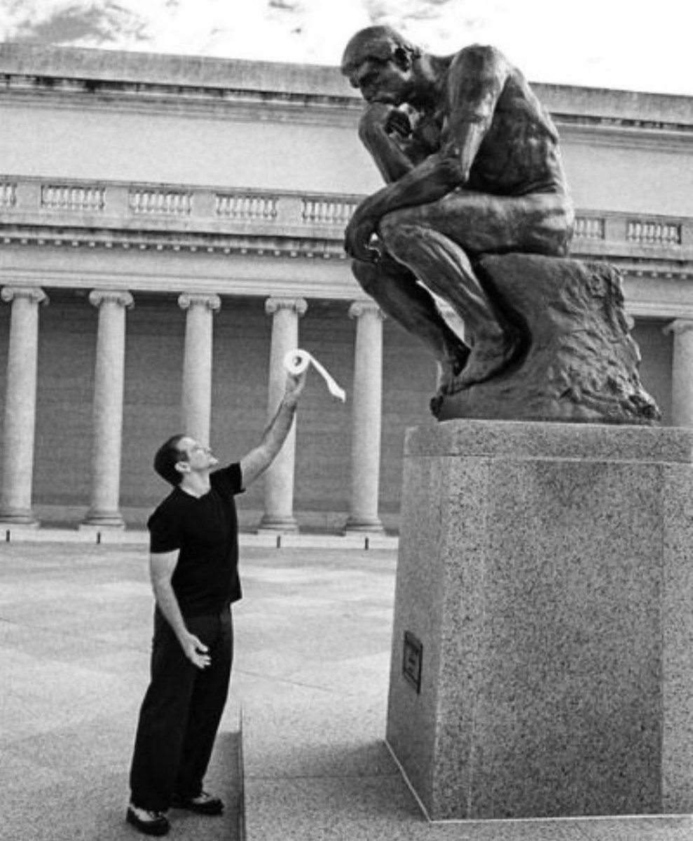 historyinmemes's tweet photo. Robin Williams offers Auguste Rodin's 'The Thinker' a roll of toilet paper. https://t.co/Kbh49MIoRd