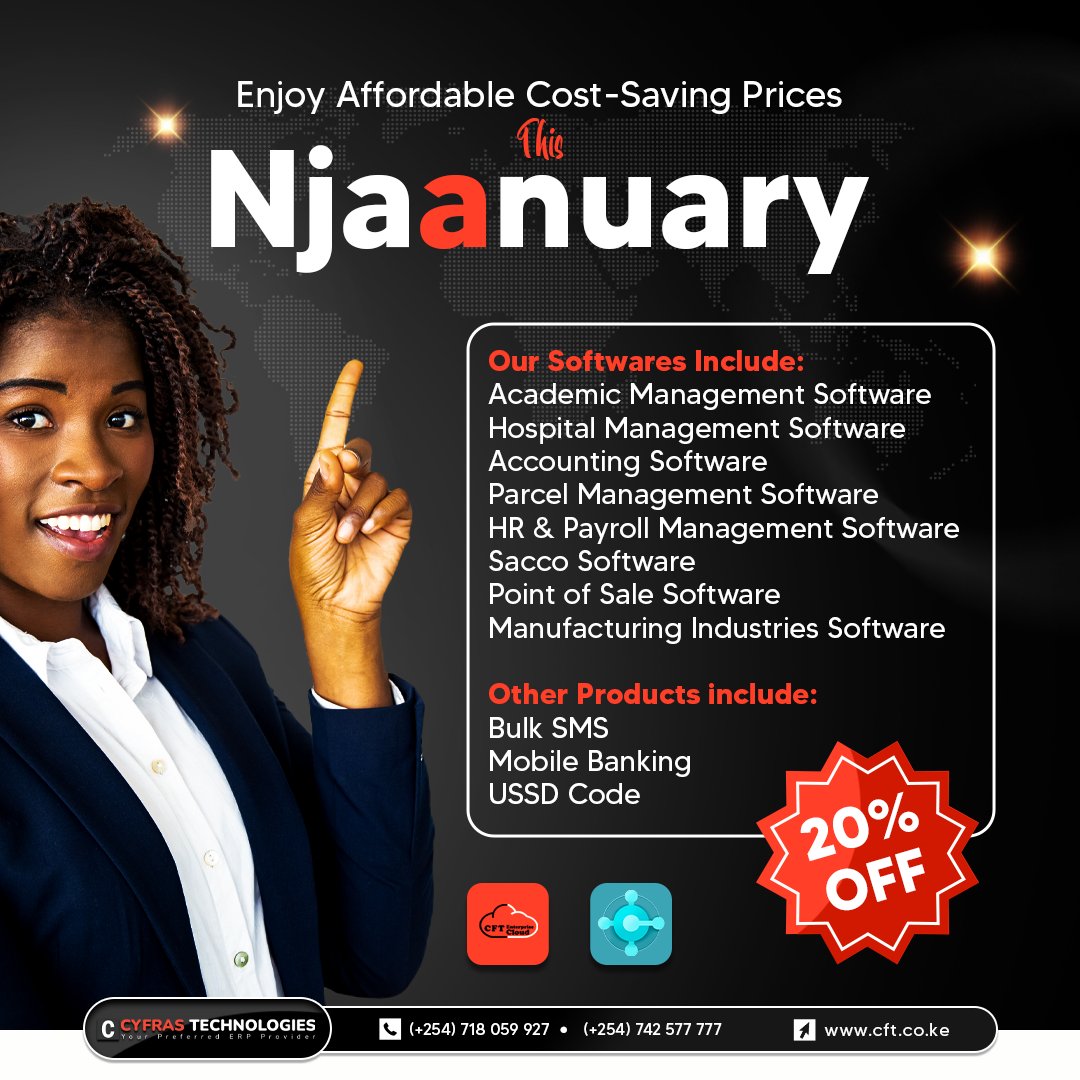 CyfrasTech's tweet photo. Crazy Offer! 20% Off. #NewYear2024 #offers #ERP #Software #Hussein #Kanye #Somalia #NHIF #COVIDー19 #Zakayo #Ruto #Baba #Uhuru https://t.co/I7J89W13gl