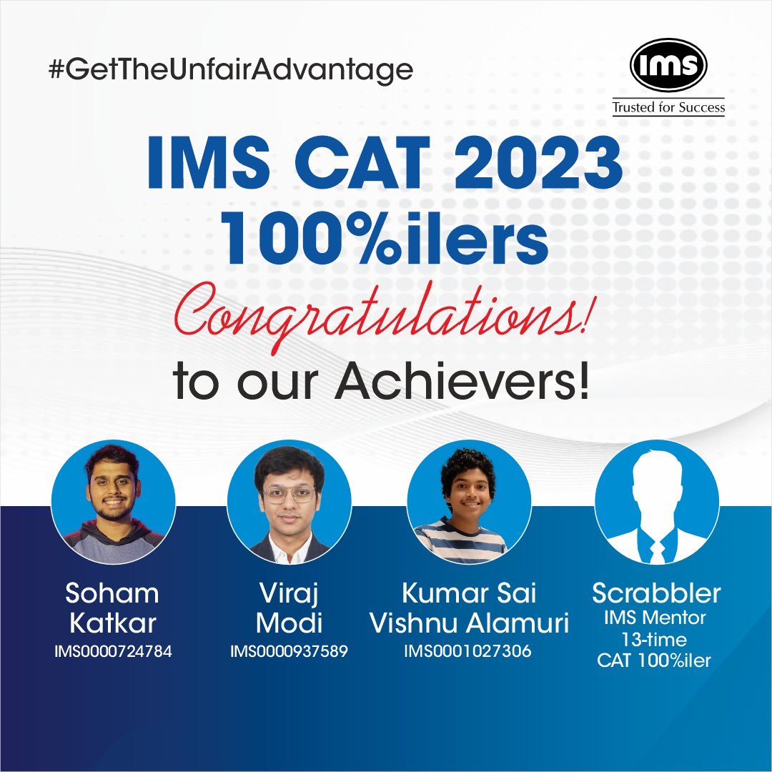 This is impressive!!! ✨
Congratulations to all four of you for acing the CAT 2023 with a perfect 100%ile score! 

----
#IMSIndia #IMS #IMSLearning #CAT2023 #MBA