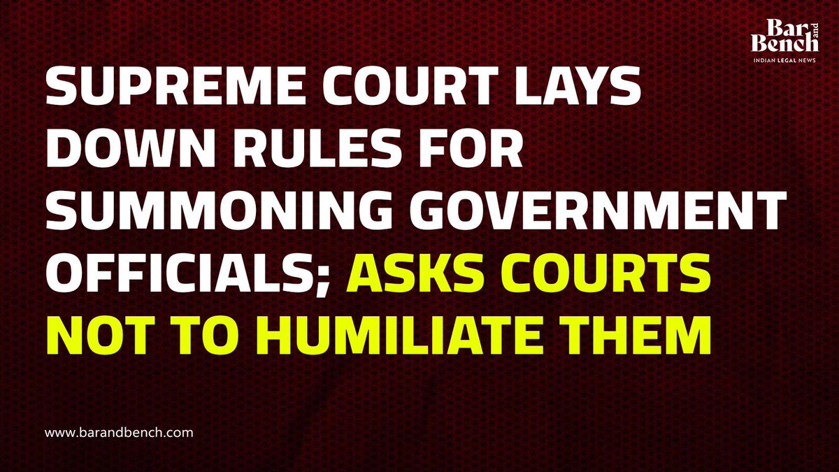 barandbench's tweet photo. The Supreme Court issued the guidelines while setting aside orders issued by the Allahabad High Court last year for summoning two senior government officers in Uttar Pradesh.

#SupremeCourt #government 
#SupremeCourtofIndia 

Details: https://t.co/Q9tIyuPIQB https://t.co/dkracryWrM
