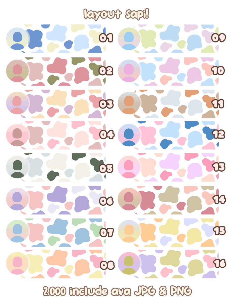 help RT? thank you 🍥💗

haloo aku ada layout sapi ready nih! 🐄 harganya 2.000/pcs include ava JPG dan PNG, kalo minat boleh DM dengan nomor layoutnya 🐯 bisa req juga yaa, terima kasih 🥰💗

#zonauang #zonaba