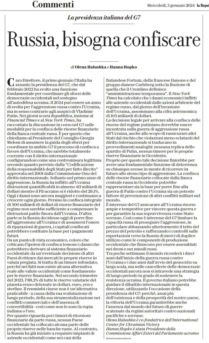 Russia: bisogna confiscare. È interesse del G7 assicurare all'#Ucraina risorse ampie e tempestive per vincere la guerra contro #PutinWarCriminal e per garantire la sua sopravvivenza come stato sovrano. @OlenaHalushka e @HannaHopko su Repubblica. #SlavaUkraïni #rassegnastampa