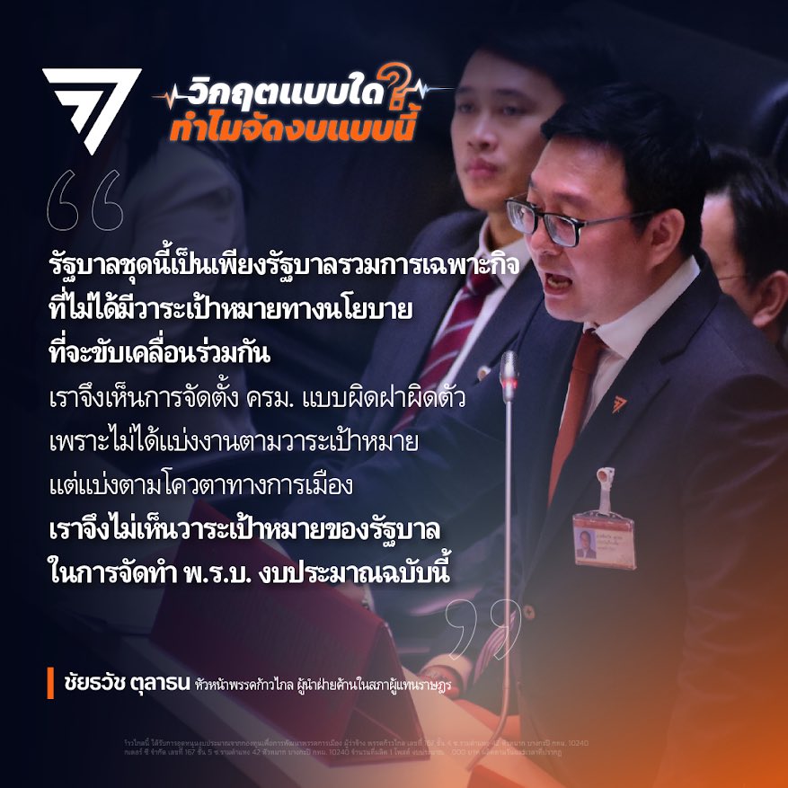 งบประมาณ’67 เบี้ยหัวแตก ไร้ยุทธศาสตร์ เหมือนไม่มีเป้าหมายการทำงานที่ชัดเจน สะท้อนรัฐบาลเศรษฐาเป็นเพียงรัฐบาล ‘รวมการเฉพาะกิจ’ แบ่งปันอำนาจ แบ่งกันกินแบ่งกันใช้ ไม่มีวาระเป้าหมายทางนโยบายที่จะขับเคลื่อนร่วมกัน

ในการประชุมสภาฯ เพื่อพิจารณาร่าง พ.ร.บ.งบประมาณรายจ่ายประจำปีงบประมาณ