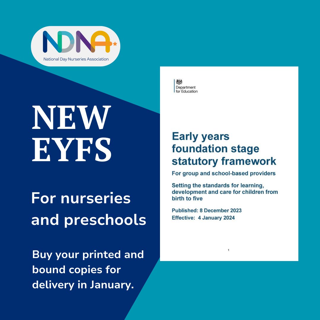 NDNAtalk's tweet photo. 📣   NEW EYFS: PRINTED AND BOUND JUST £5.25 (for members)! 📣

The new revised Early Years Foundation Stage (EYFS) framework is mandatory for all group and school-based early years providers in England from 4 January 2024 ❗

Buy your copy: https://t.co/pklhiQPaIh https://t.co/xWPtZ25wf6