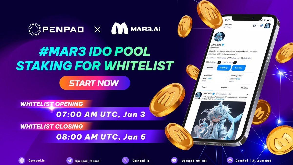🌐 $MAR3 <a href="/Mar3_AI/">Mar3 AI The 1st AI Marketing Platform for Creator</a> IDO Whitelist NOW OPEN

🔒 Stake now to secure your spot: openpad.io/app/projects/m…

🔅 Staking Timeline: at 07:00 AM UTC on Jan 3rd - 08:00 AM UTC on Jan 6th, 2024
🔅 Whitelist Announcement: at 09:00 AM UTC on Jan 7th, 2024  

Attention: You MUST complete KYC